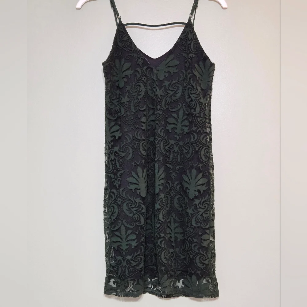 Dex Emerald Green+Black Damask Mesh Mini Dress Sz S Whimsigoth - Picture 3 of 16